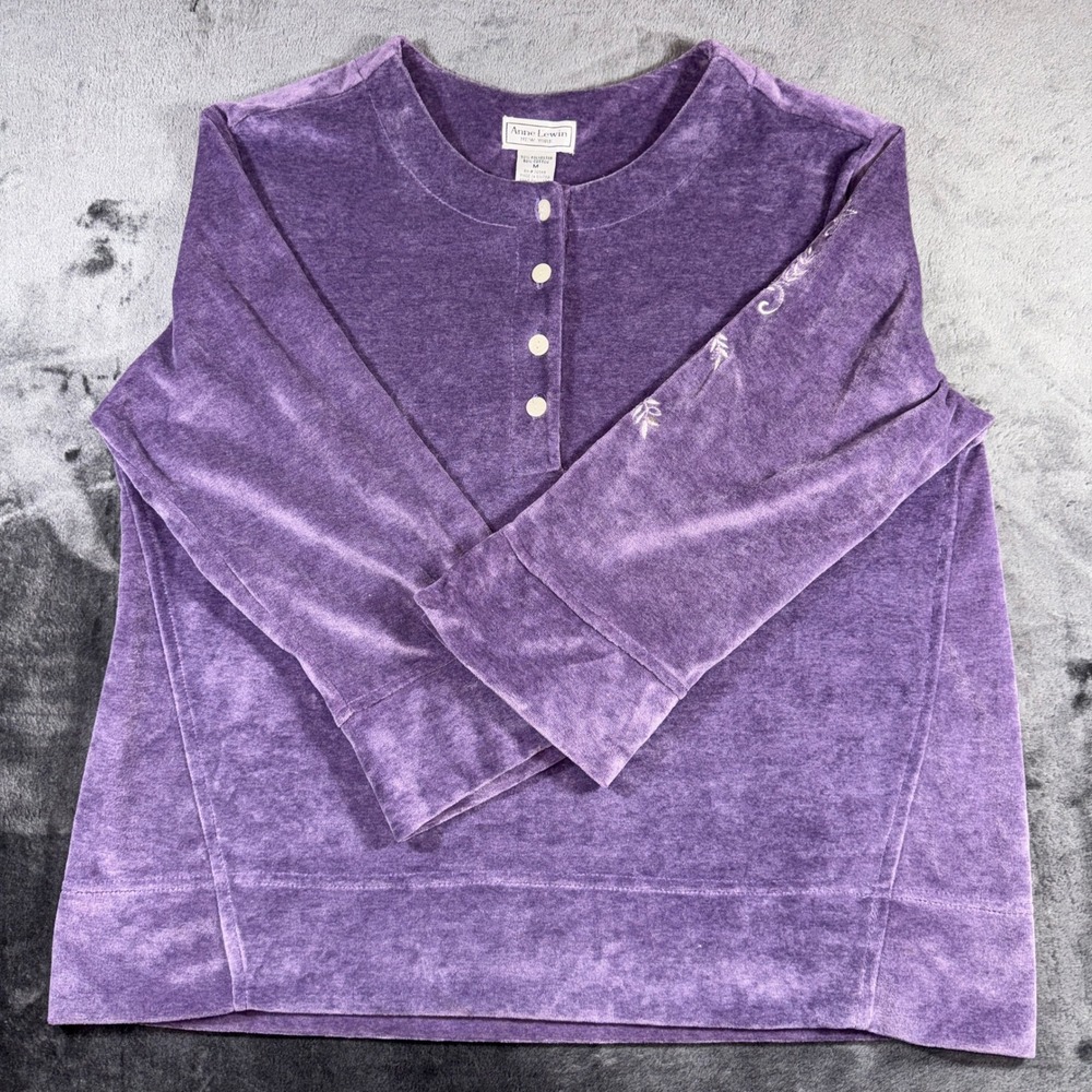 Anne Lewin New York Purple Velour Henley Top Floral Embroidery Size M